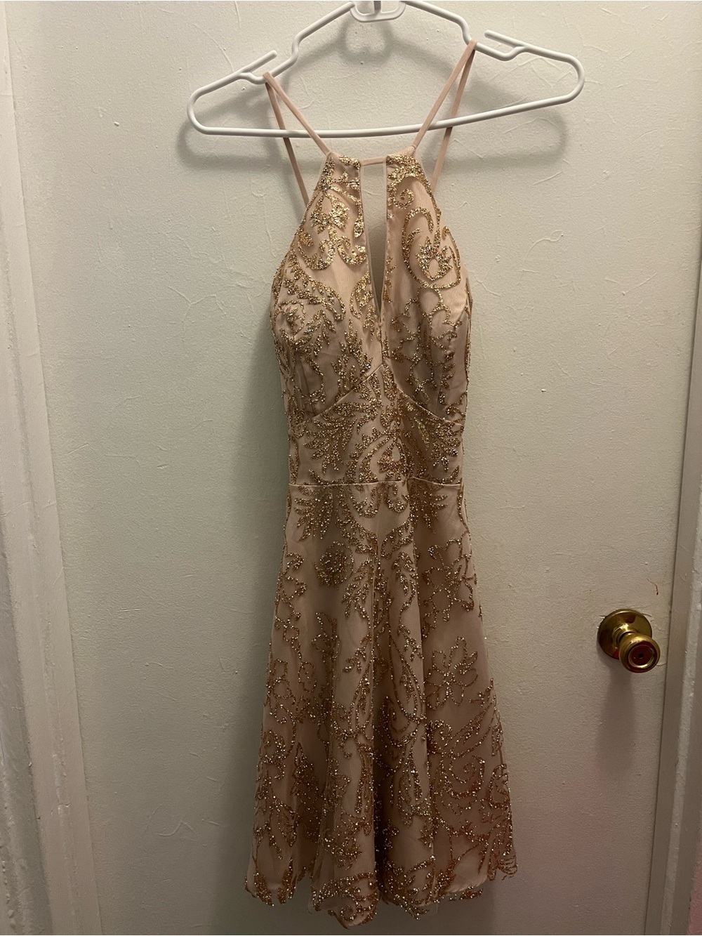 Gold-Beaded Blush Halter Prom Dress